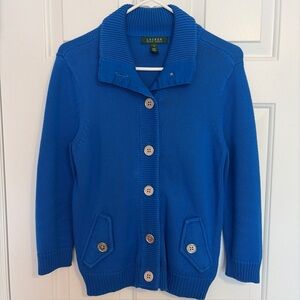Ralph Lauren Blue Sweater Cardigan Jacket 100% Pockets Buttons Sz Small